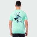 Person wearing a light green t-shirt with billfish graphics on the back against a white background