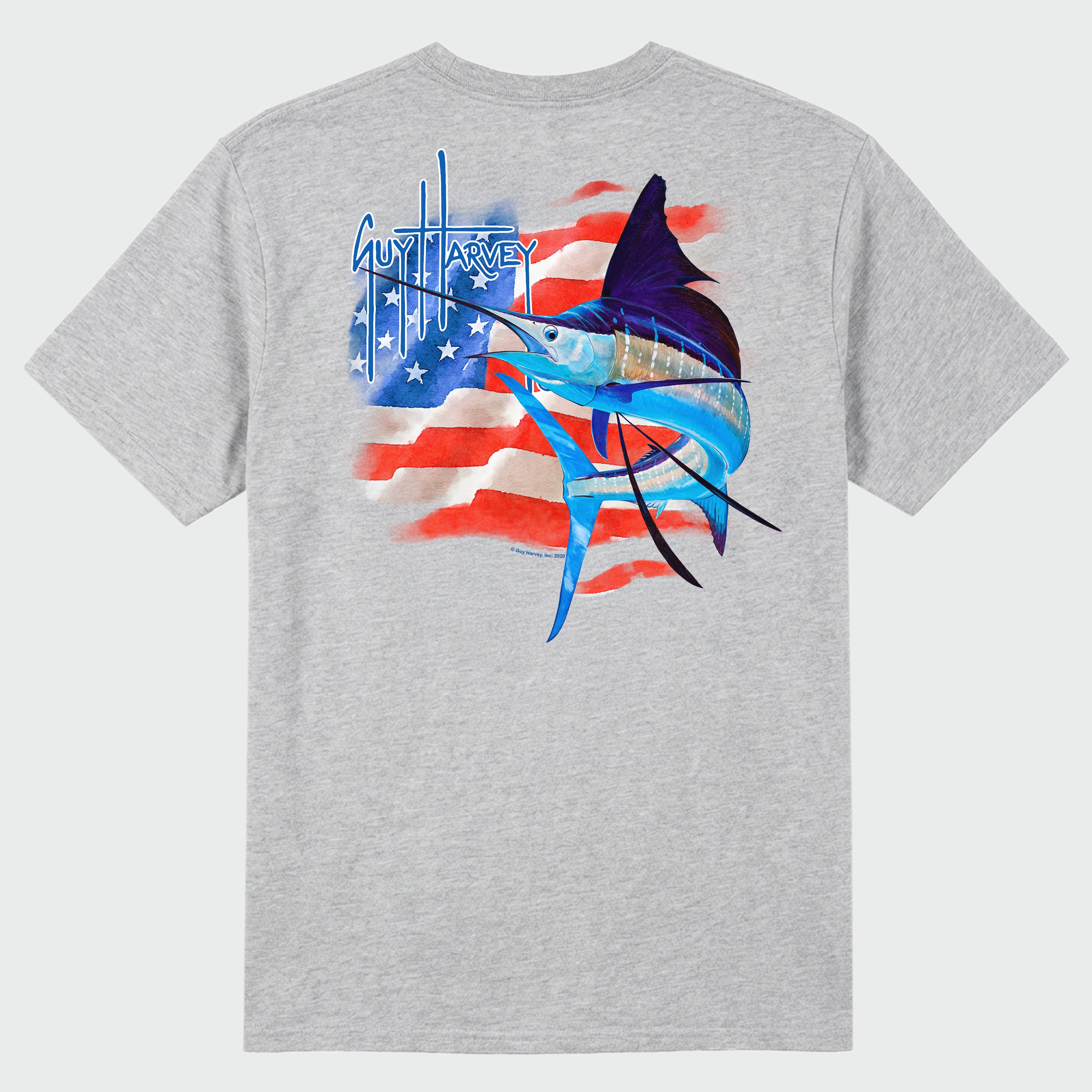 Gray t-shirt with a graphic of a marlin and American flag design on a white background