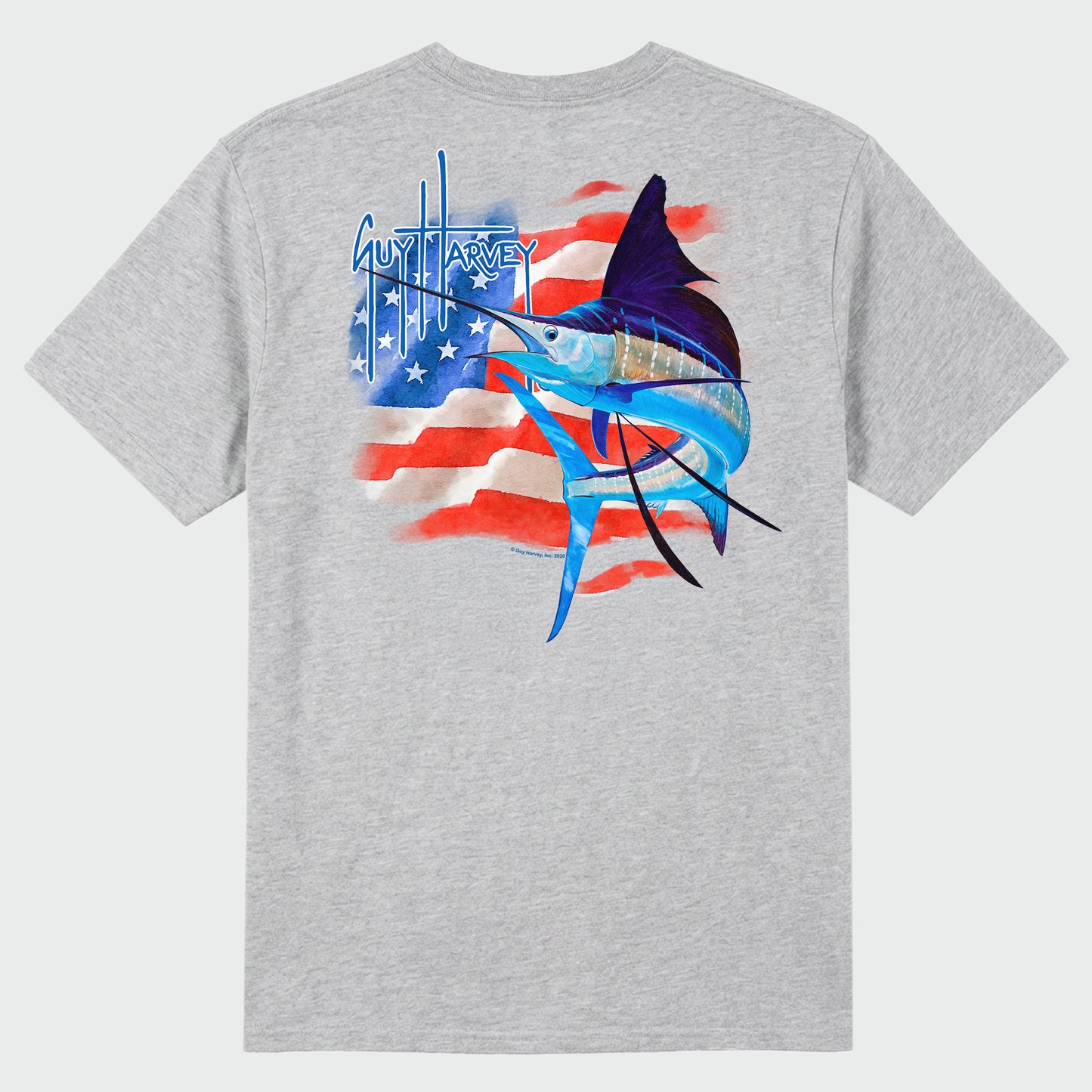 Gray t-shirt with a graphic of a marlin and American flag design on a white background