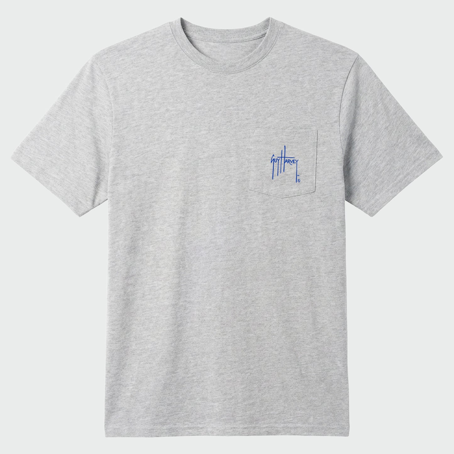 Gray t-shirt with a small blue Guy Harvey logo on a light gray background