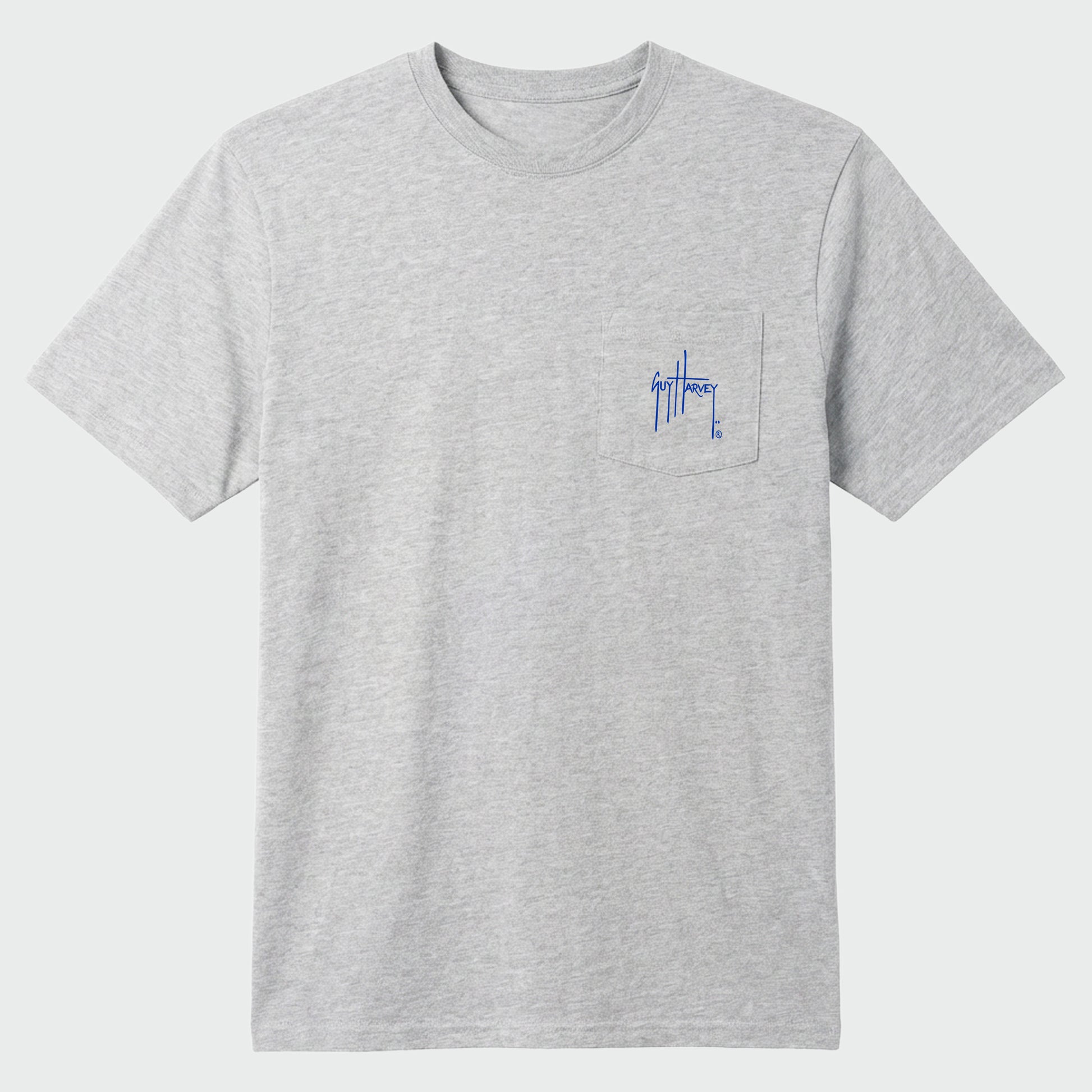 Gray t-shirt with a small blue Guy Harvey logo on a light gray background
