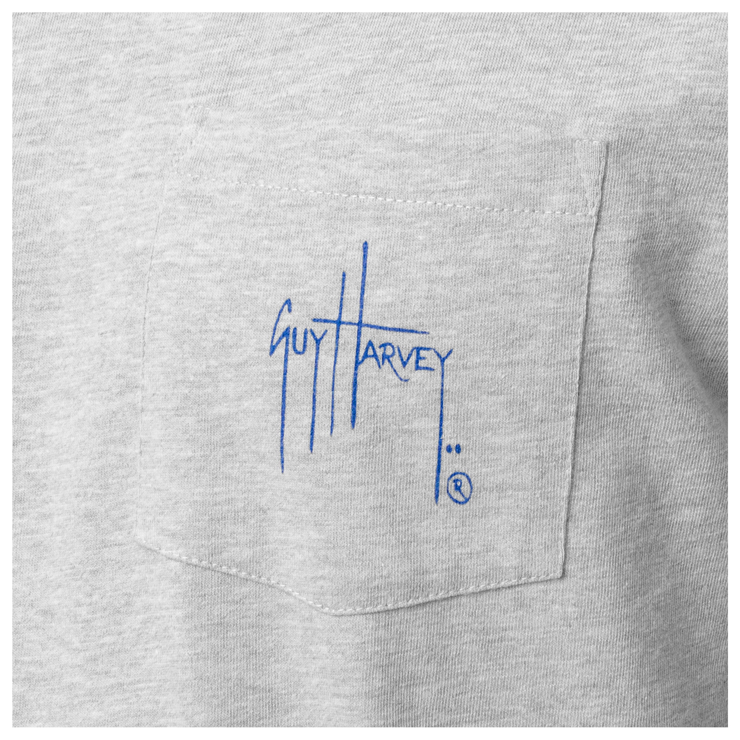 Gray shirt with blue 'Guy Harvey' logo on the pocket