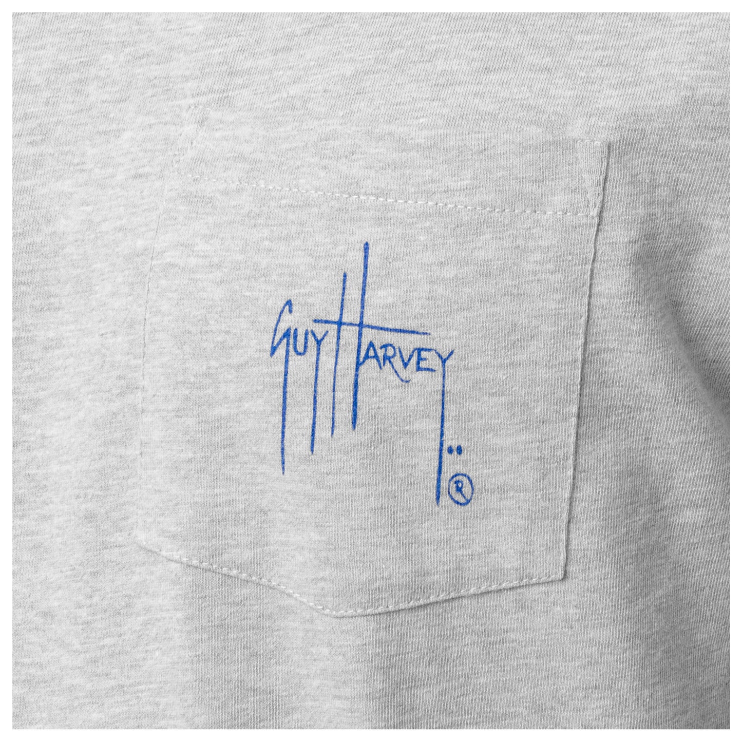 Gray shirt with blue 'Guy Harvey' logo on the pocket
