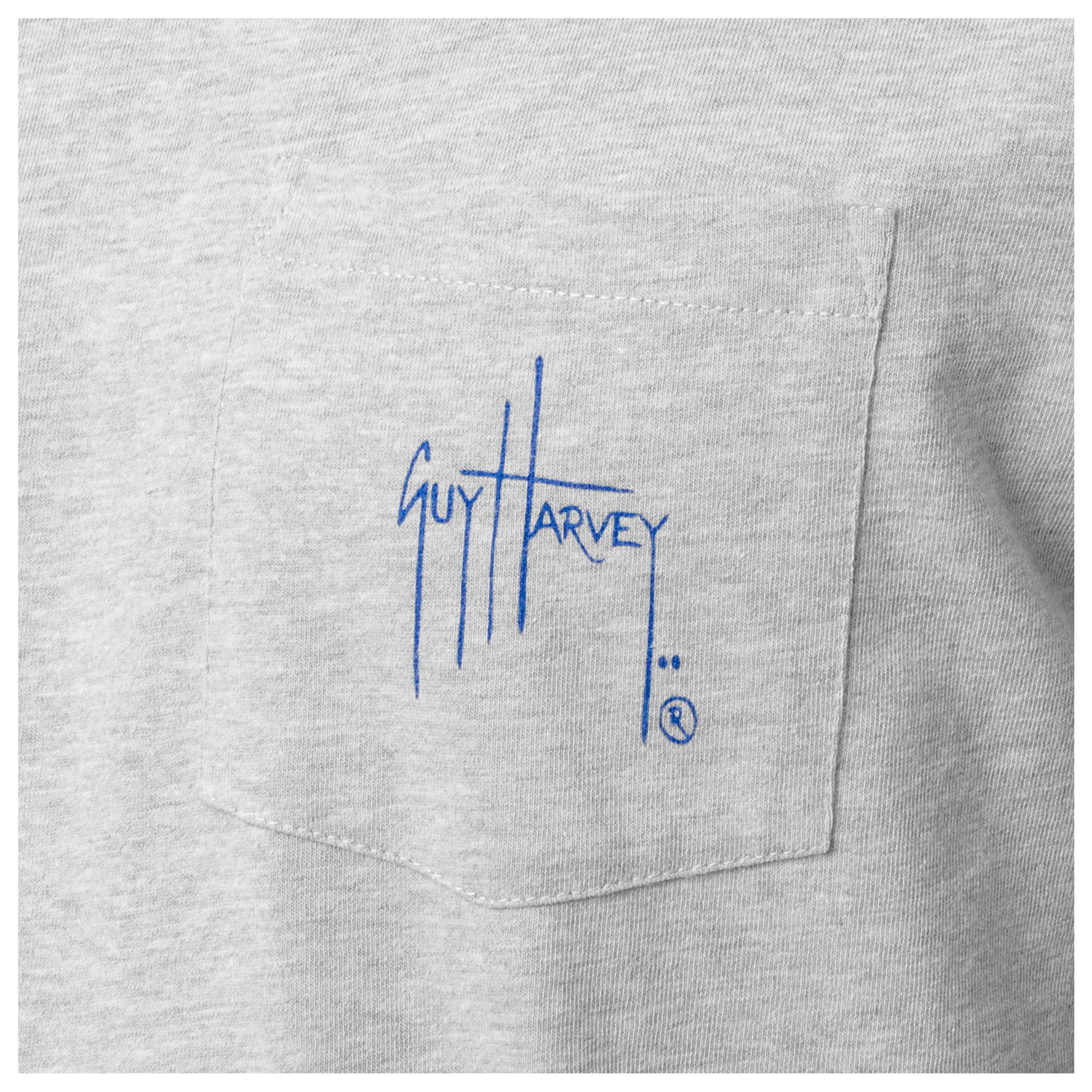 Gray shirt with blue 'Guy Harvey' logo on the pocket