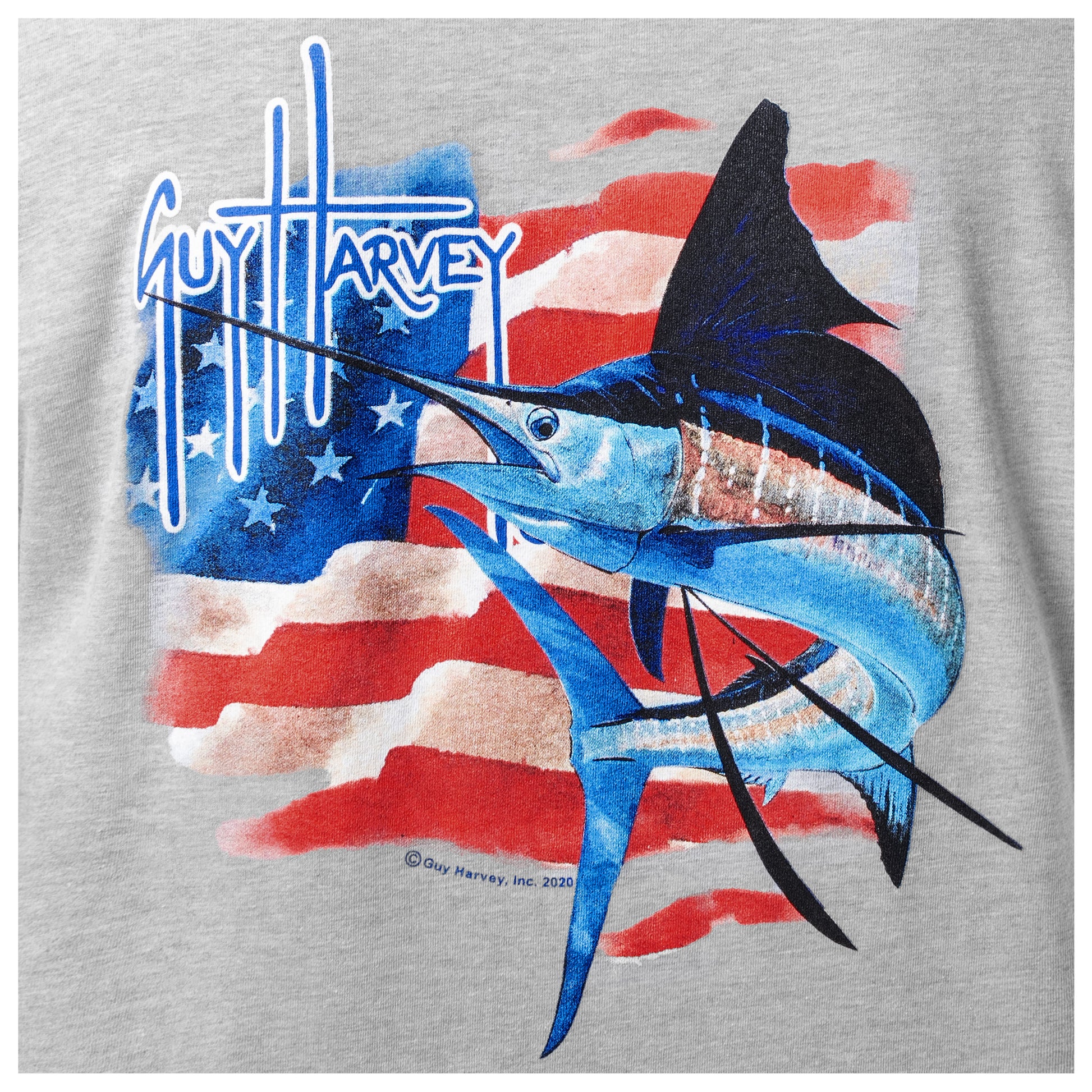 Gray sweatshirt with Guy Harvey logo and marlin design on an American flag background