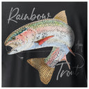 Black t-shirt with a colorful illustration of a rainbow trout and the word 'Rainbow Trout' on a black background.