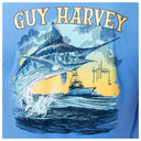 Guy Harvey graphic with a marlin and ship on a blue background