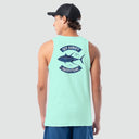 Person wearing a light blue sleeveless shirt with Guy Harvey Tuna design on a white background