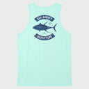 Flat lay image of a light green tank top from Guy Harvey with a Tuna design on the back.