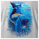 Gray t-shirt with Guy Harvey sailfish design on a gray background