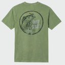 Flat lay image of a green washed t-shirt with a bass graphic design on the back against a white background
