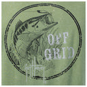 Vintage-style illustration of a bass fish with 'Off Grid' text on a green background