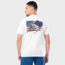 Man wearing a white t-shirt with a graphic design on the back, featuring an American flag and a sailfish.