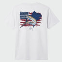 Flat lay image of a white t-shirt with a graphic design on the back, featuring an American flag and a sailfish.