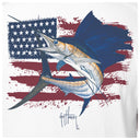 Sailfish illustration on an American flag background with Guy Harvey signature