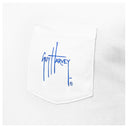 White shirt with blue 'Guy Harvey' logo on a white background