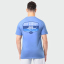 Person wearing a blue Guy Harvey t-shirt with a sailfish graphic on the back against a white background