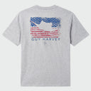 A flat lay image of a grey Guy Harvey threadcycled t-shirt with a sailfish and American flag design on the back