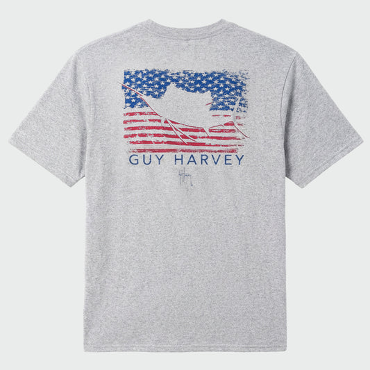 A flat lay image of a grey Guy Harvey threadcycled t-shirt with a sailfish and American flag design on the back