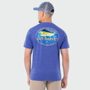 Man wearing a blue Guy Harvey t-shirt with a graphic of a mahi fish on the back.