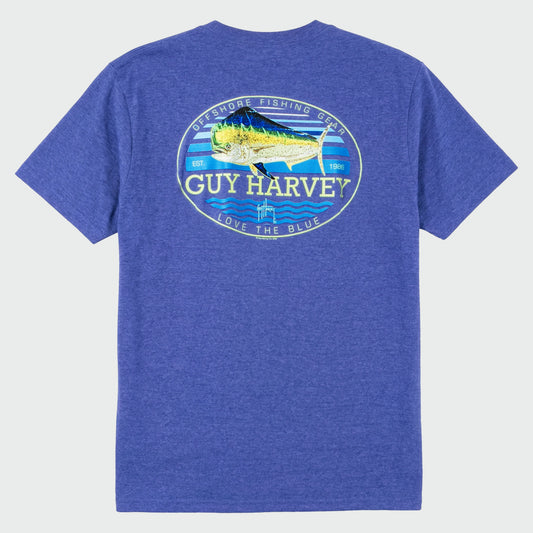 A flat lay image of a blue Guy Harvey threadcycled t-shirt with a mahi design on the back.