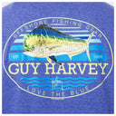Blue t-shirt with Guy Harvey logo featuring a mahi and offshore fishing gear text.