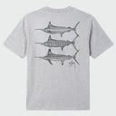 A light heather gray short-sleeve t-shirt featuring a detailed black and white graphic print of three marlin fish on the back.
