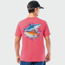 A person wearing a red Guy Harvey threadcycled tee with shark design on the back