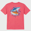 A flat lay image of a red Guy Harvey threadcycled tee with a shark design on the back