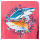 A zoom on the design featuring a tiger shark and a great white shark.