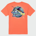 Flat lay image of a coral t-shirt with a marlin, wahoo, tuna and mahi design on the back against a white background