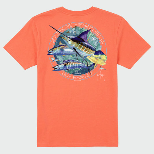 Flat lay image of a coral t-shirt with a marlin, wahoo, tuna and mahi design on the back against a white background