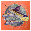 Guy Harvey offshore fishing gear logo with tuna and marlin illustration on an orange background