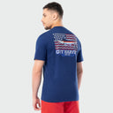 Man wearing a blue Guy Harvey t-shirt with a marlin americana graphic design on the back against a white background