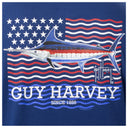 T-shirt with Guy Harvey logo, American flag, and marlin design on a blue background