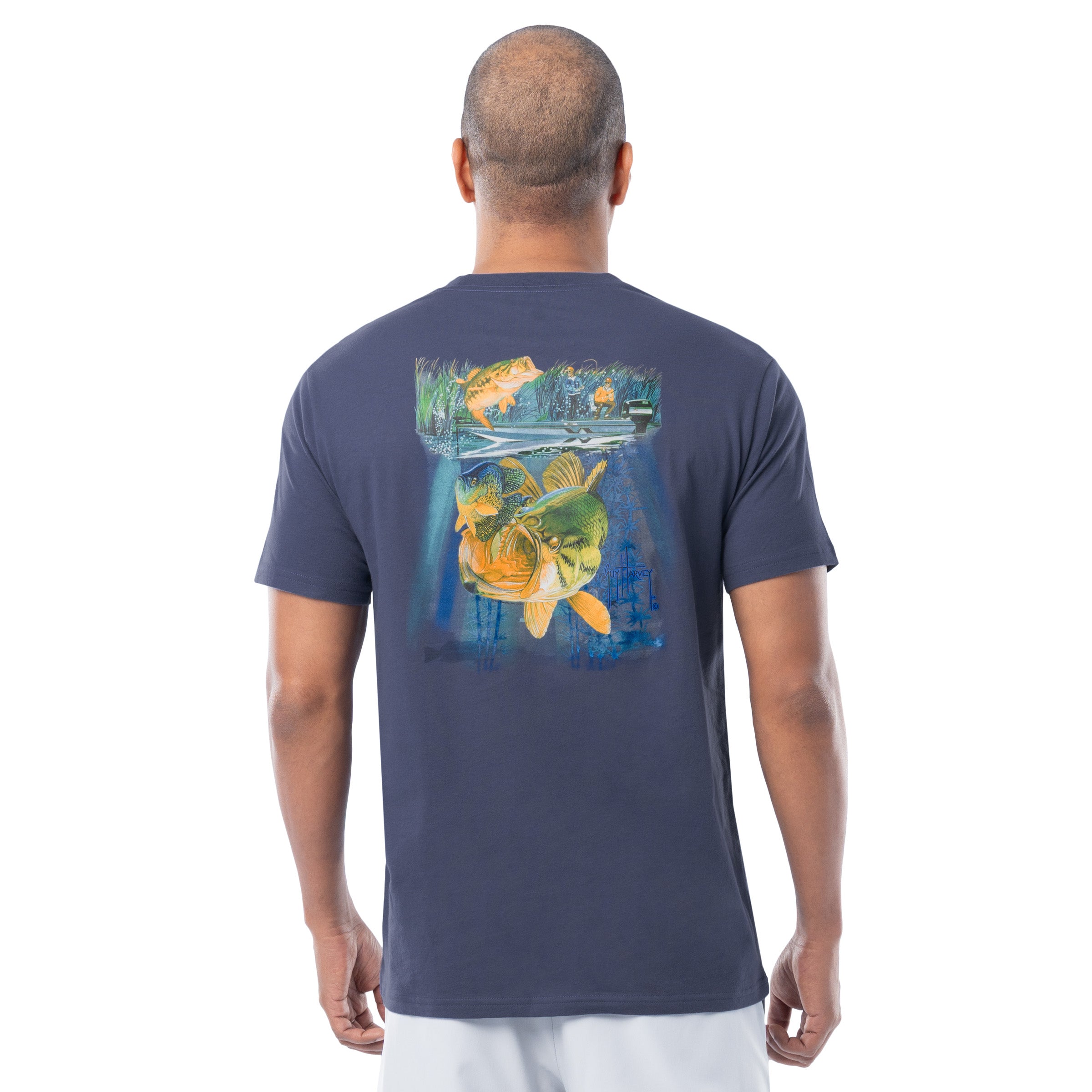 Back of Guy Harvey Men's Nitro Lightweight Tee showing bass boat and underwater bass strike graphic