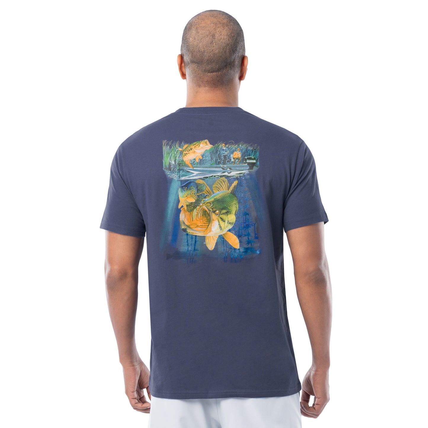 Back of Guy Harvey Men's Nitro Lightweight Tee showing bass boat and underwater bass strike graphic