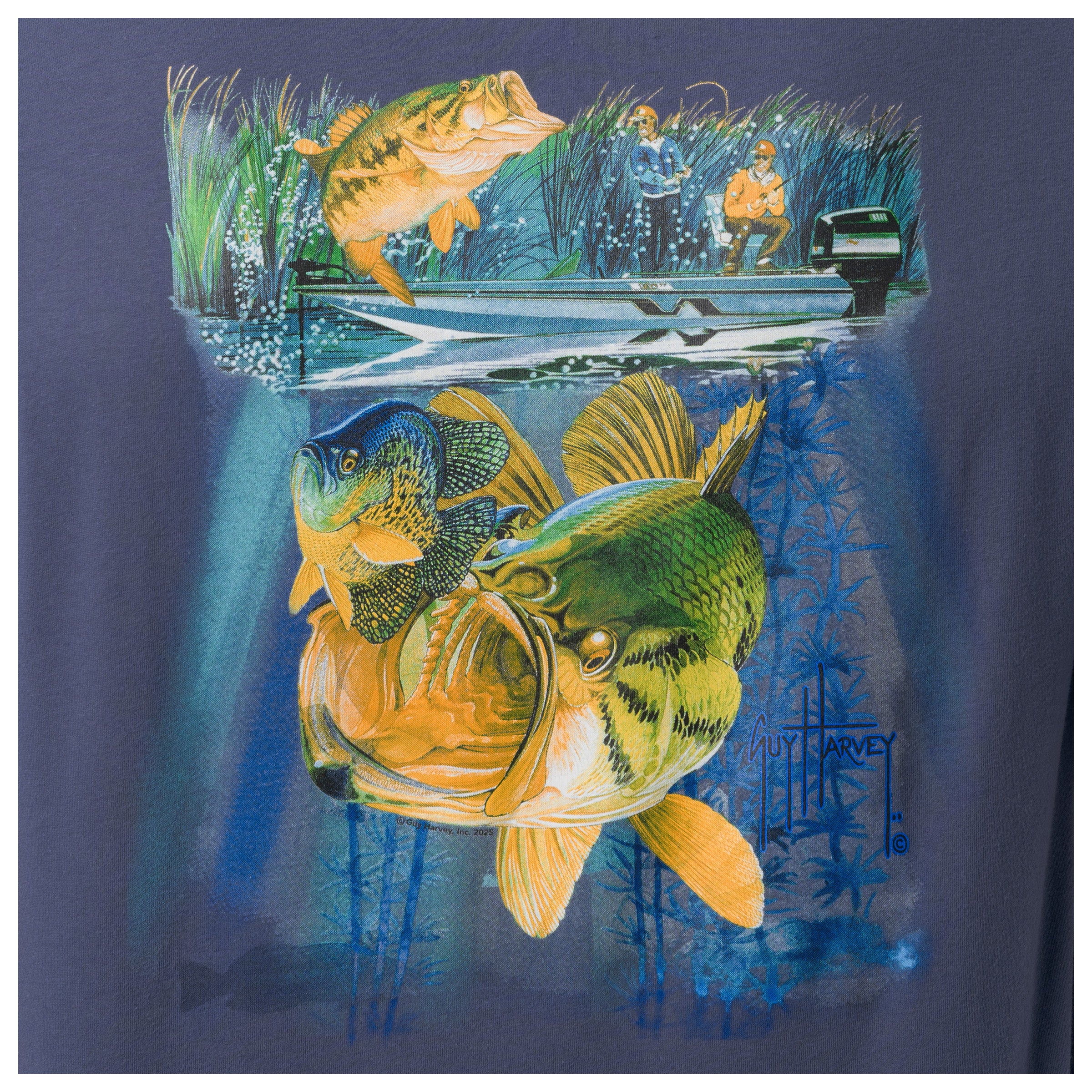 Fishing-themed graphic on a blue shirt with bass fish and boat design.