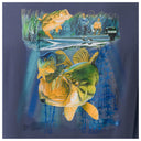 Fishing-themed graphic on a blue shirt with bass fish and boat design.