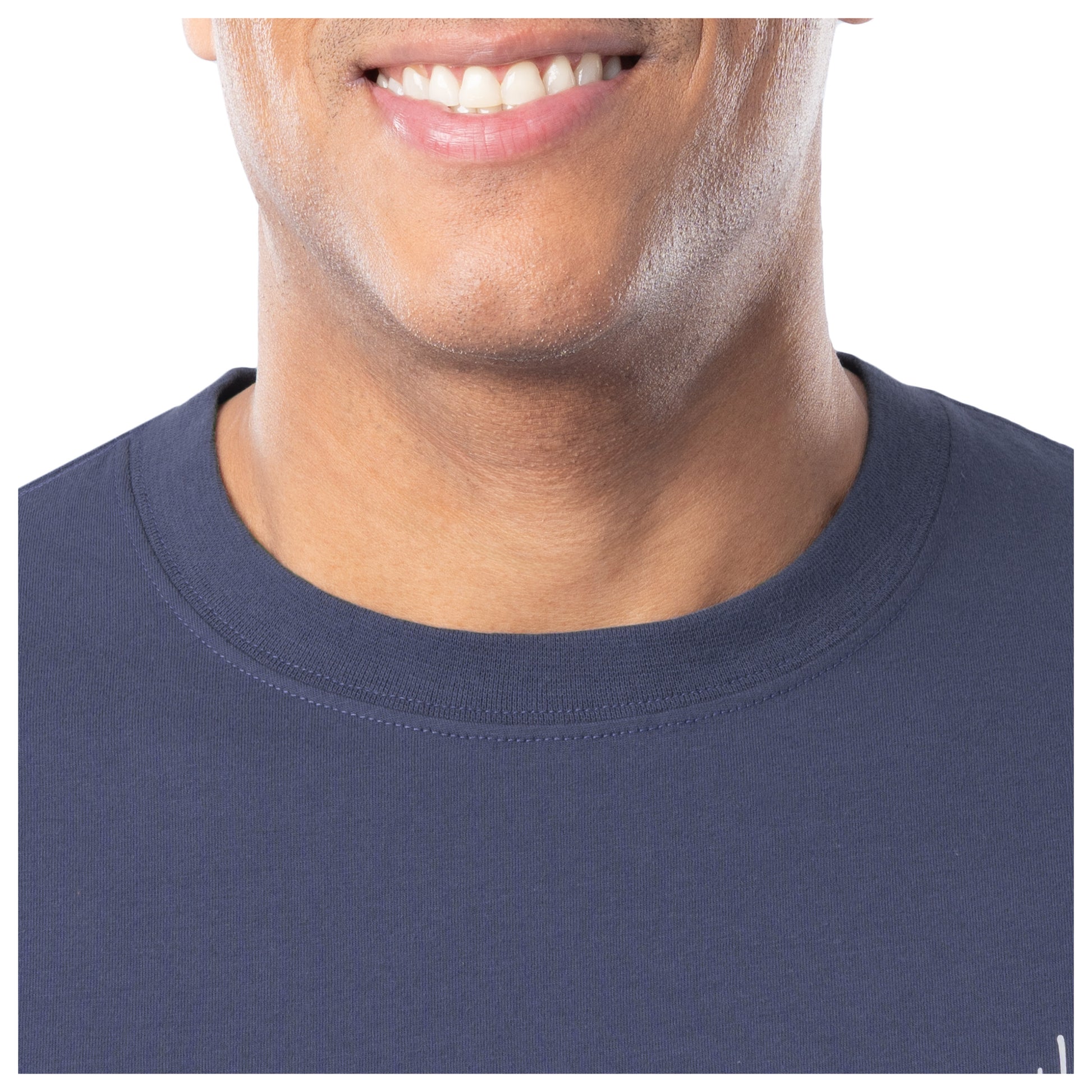 Navy blue t-shirt worn by a person with a white background