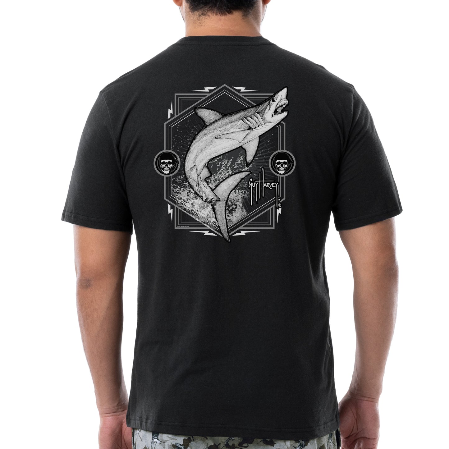 Black T-Shirt with Halloween Art showing a jumping Mako Shark View 1