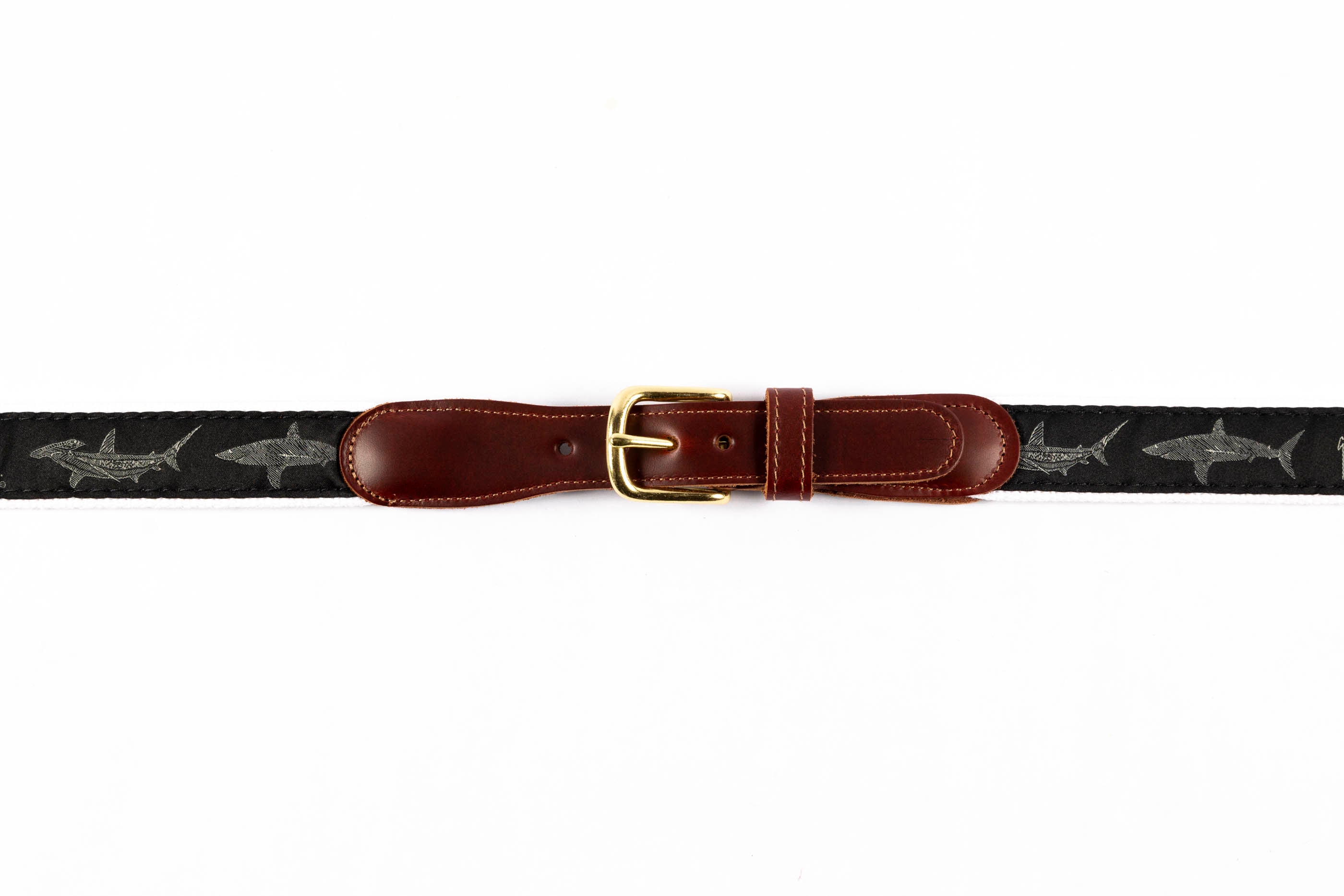 Guy Harvey men's Hammerhead and Mako Shark leather tab belt with black needlepoint shark design and brass buckle.