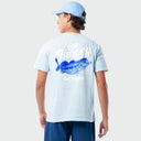 Person wearing a light blue t-shirt with a bass fish graphic and text, standing against a plain background