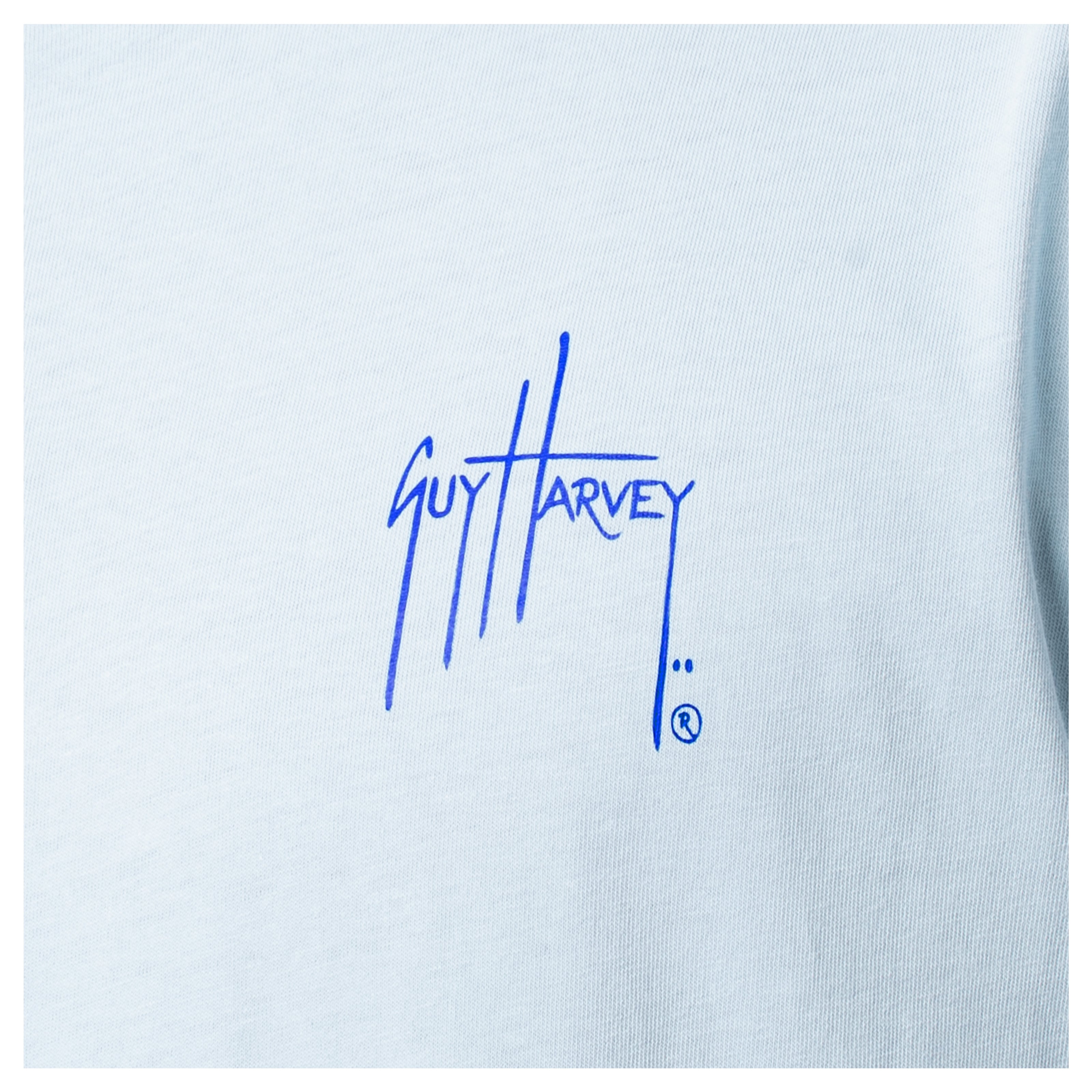 Blue Guy Harvey logo on a light blue background