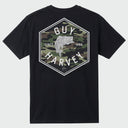 Flat Lay image of a black t-shirt with a camouflage logo with a bass on the back against a white background
