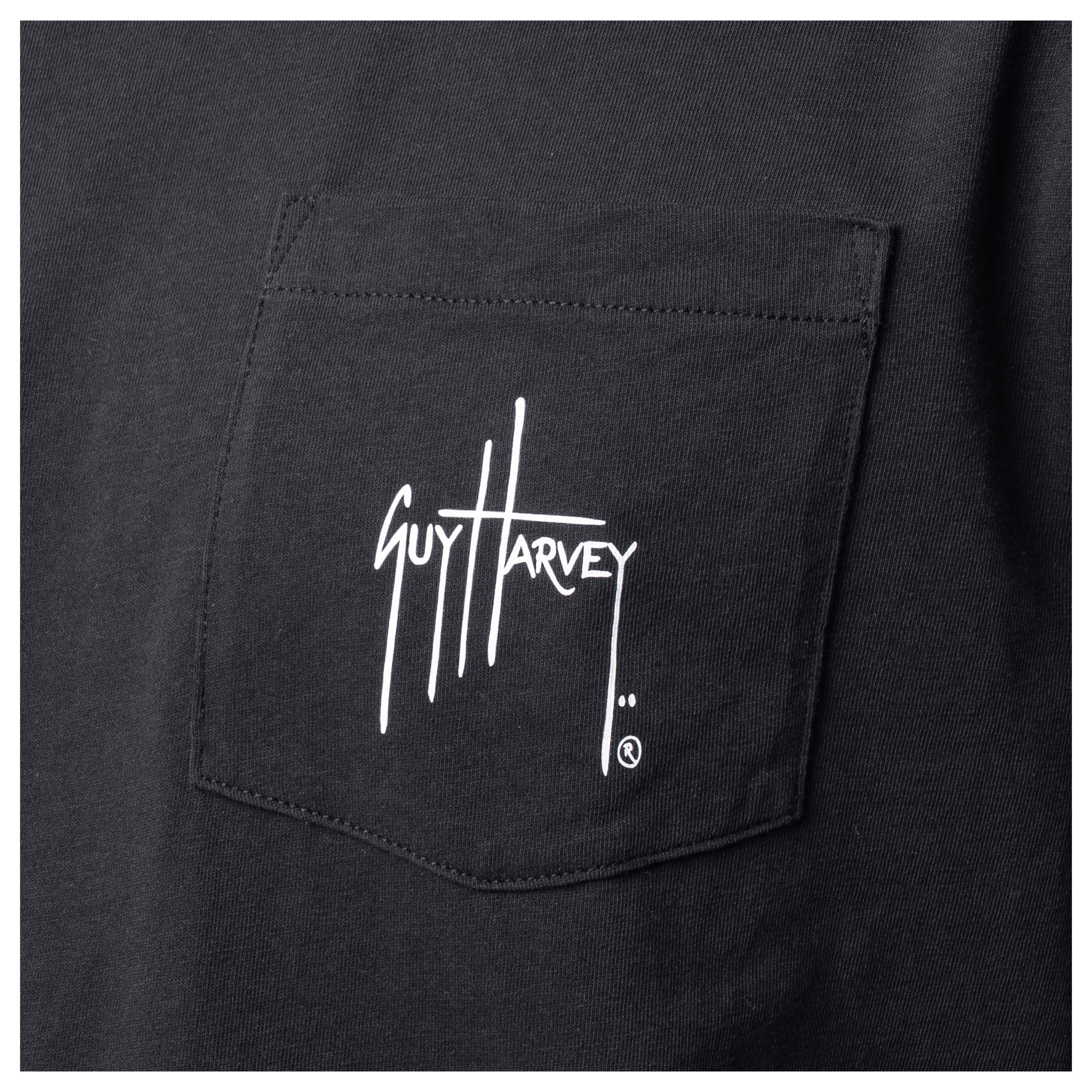 Black shirt with Guy Harvey logo on a pocket