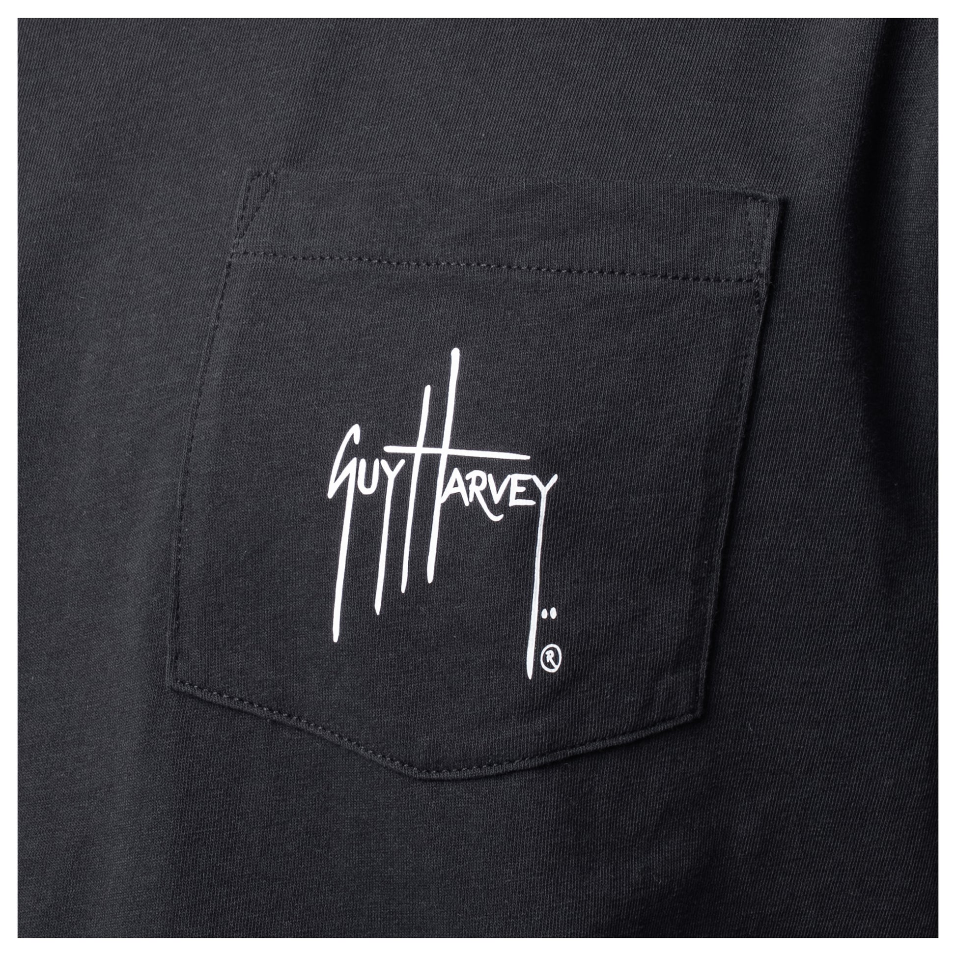 Black shirt with Guy Harvey logo on a pocket