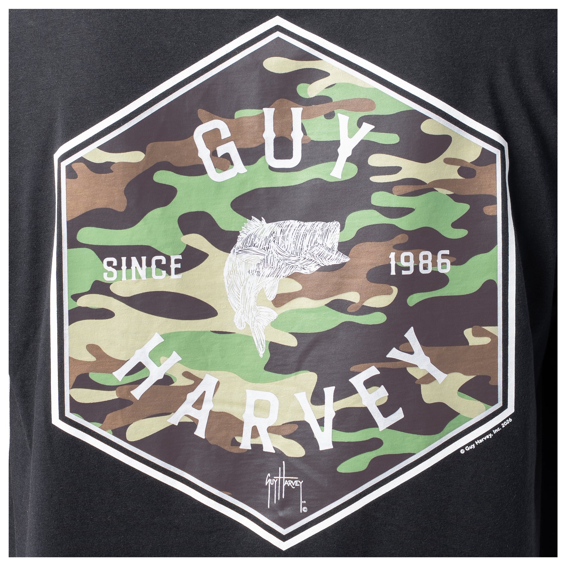 Black t-shirt with camouflage design and 'Guy Harvey' branding