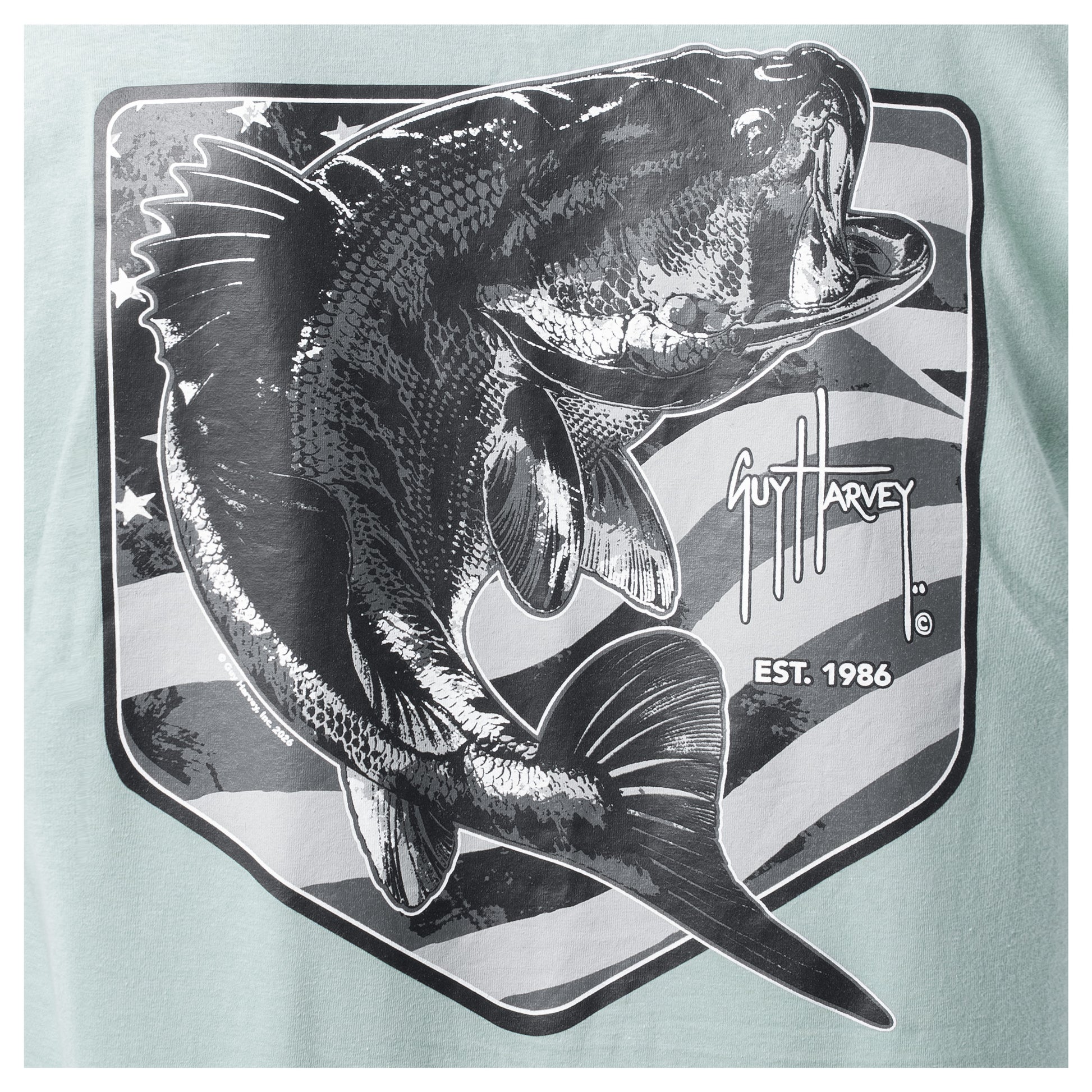 Bass graphic with Guy Harvey logo on a light blue background