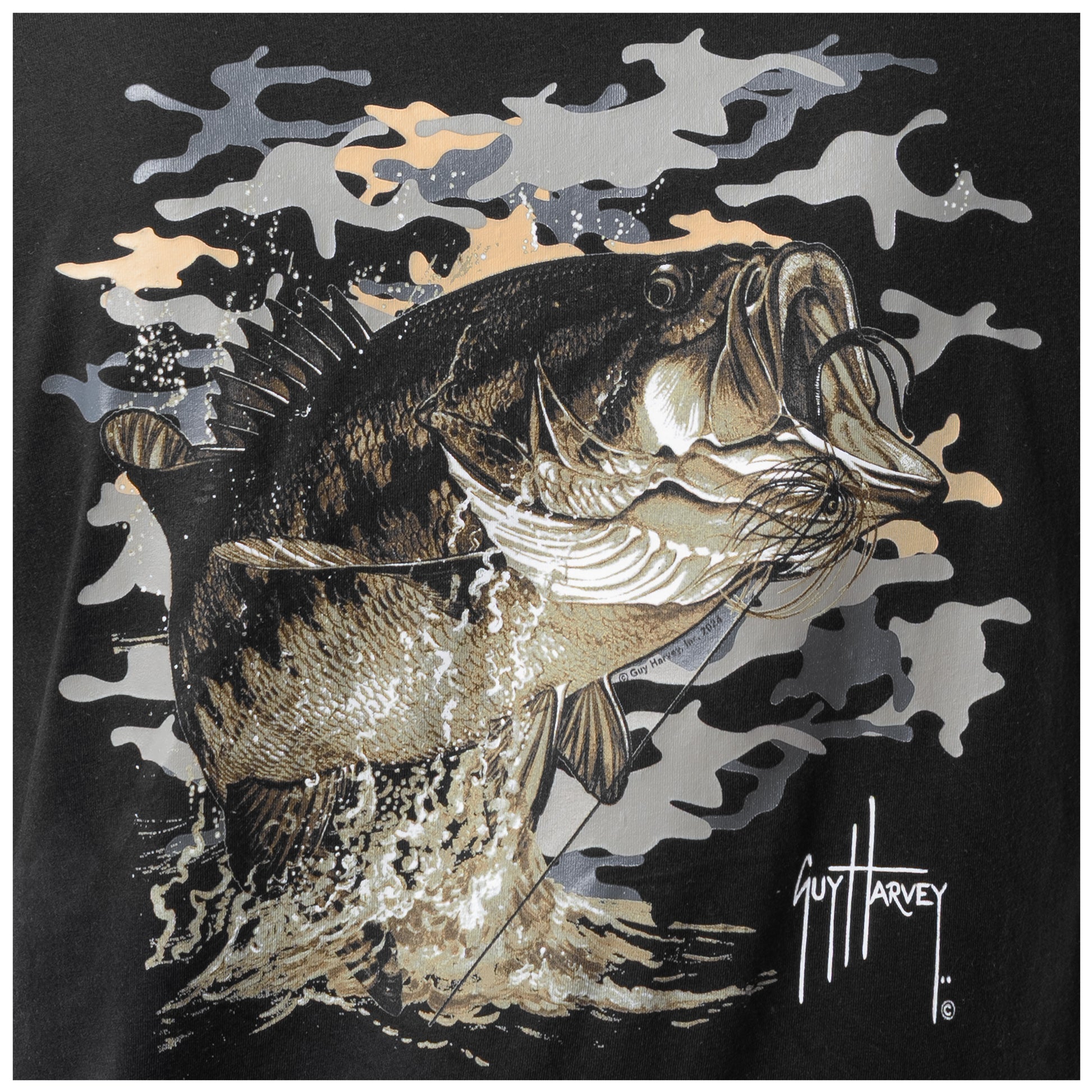 Black t-shirt with a large bass fish graphic and Guy Harvey signature on a black background